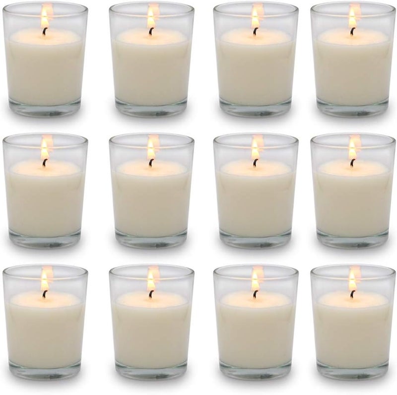 BERYSCEN Set of 12 White Votive Candles, Clear Glass Filled Unscented Soy Wax Candle for Home Décor Weddings Spa Holidays Party and DIY - Image 1